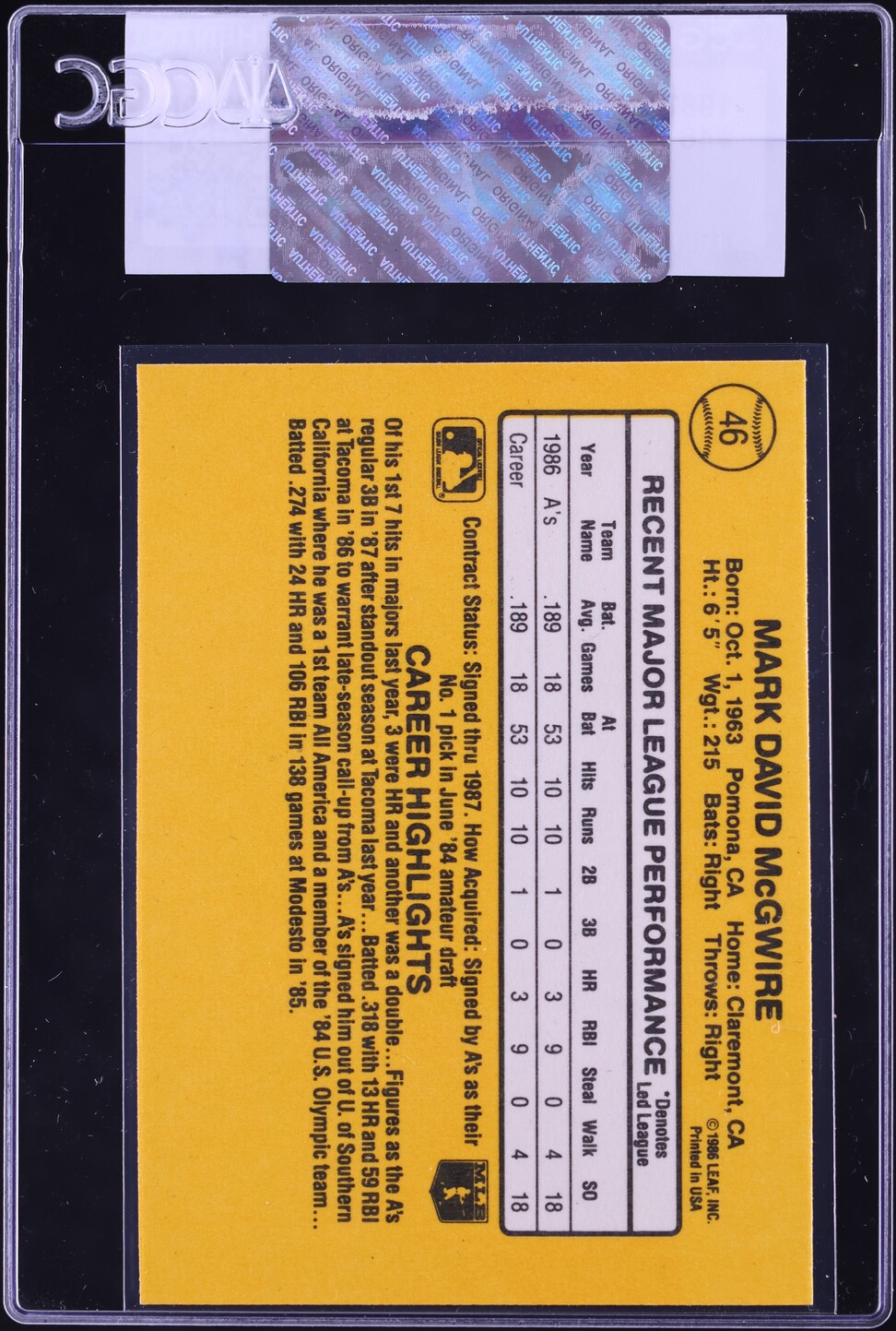1987 Donruss Mark McGwire ROOKIE #46 CGC AUTH