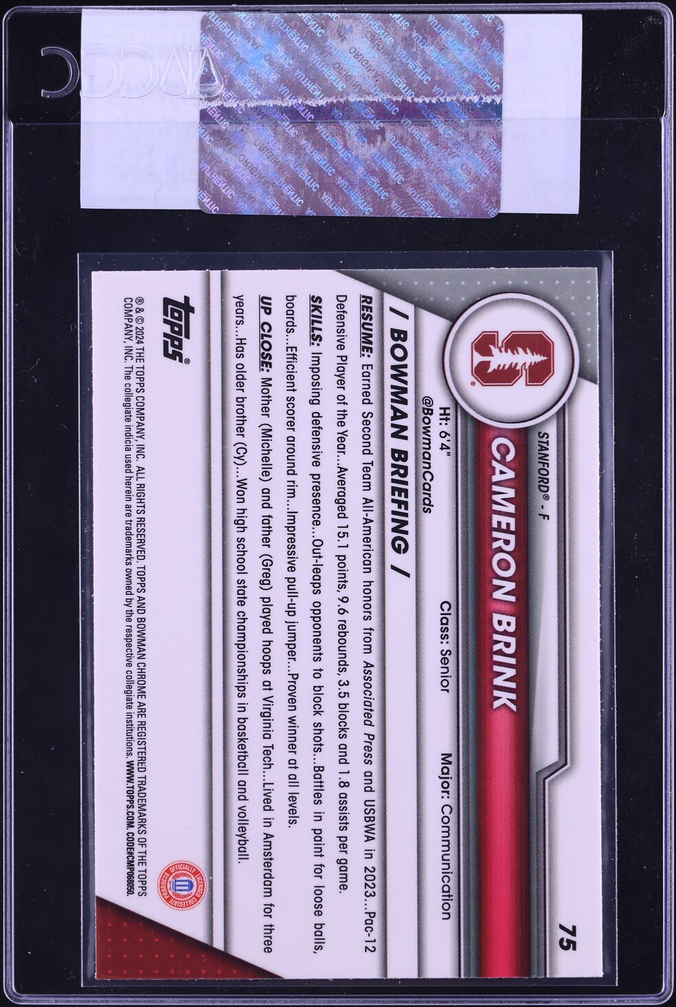 2023 Bowman Chrome University Pink Refractor Cameron Brink ROOKIE #75 CGC AUTH