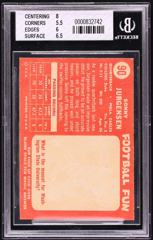 1958 Topps Football Sonny Jurgensen #90 BGS 6 EXMT