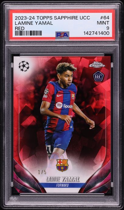 2023 Topps Chrome Sapphire UEFA Club Competitions Red Lamine Yamal ROOKIE 1/5 #64 PSA 9 MINT