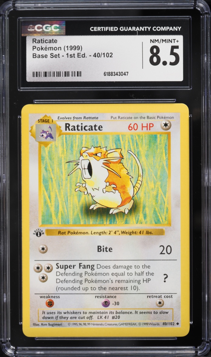 1999 Pokemon Base Set Shadowless 1st Edition Raticate #40 CGC 8.5 NM-MT+