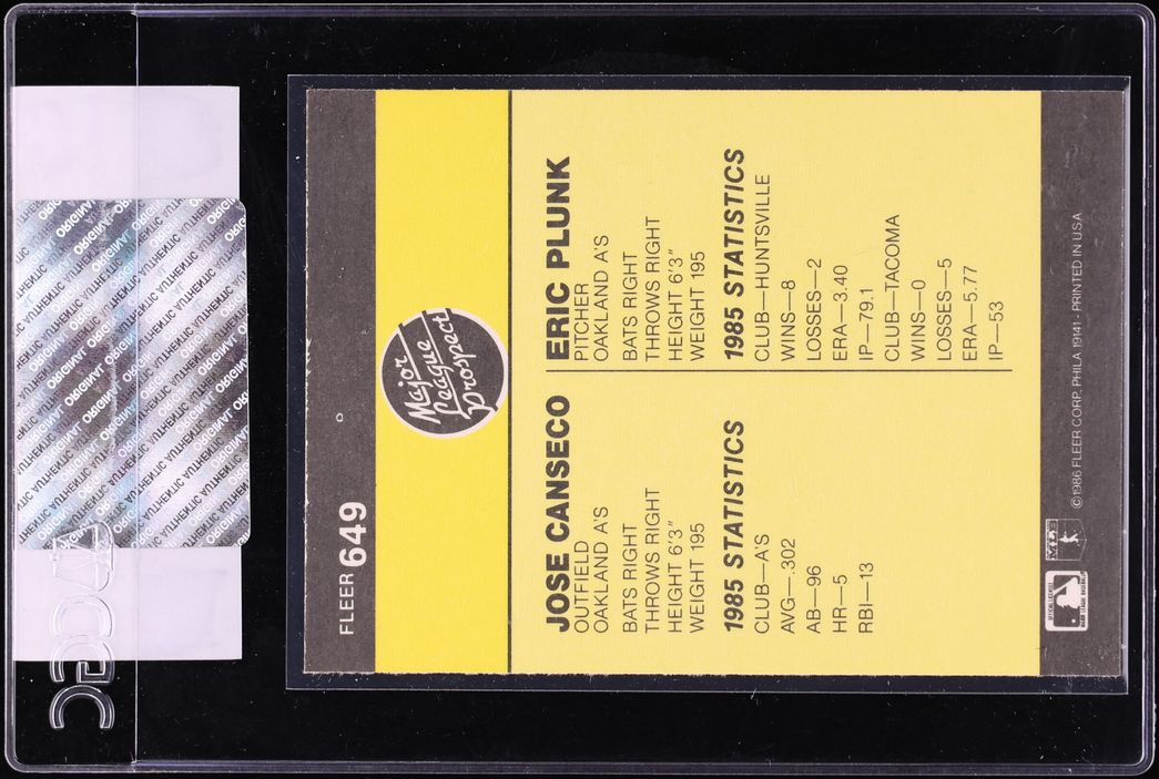 1986 Fleer Eric Plunk & Jose Canseco ROOKIE #649 CGC AUTH