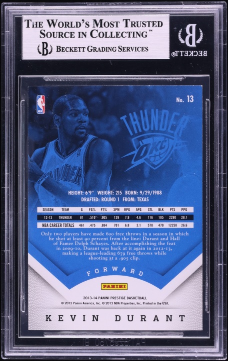2013 Prestige Bonus Shots Platinum Kevin Durant 1/1 #13 BGS 8.5 NM-MT+ - Photo 2