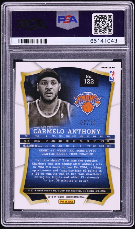 2013 Select Gold Prizm Carmelo Anthony /10 #122 PSA 10 GEM MINT - Photo 2