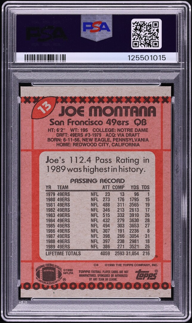 1990 Topps Football Joe Montana DISCLAIMER BACK #13 PSA 8 NM-MT