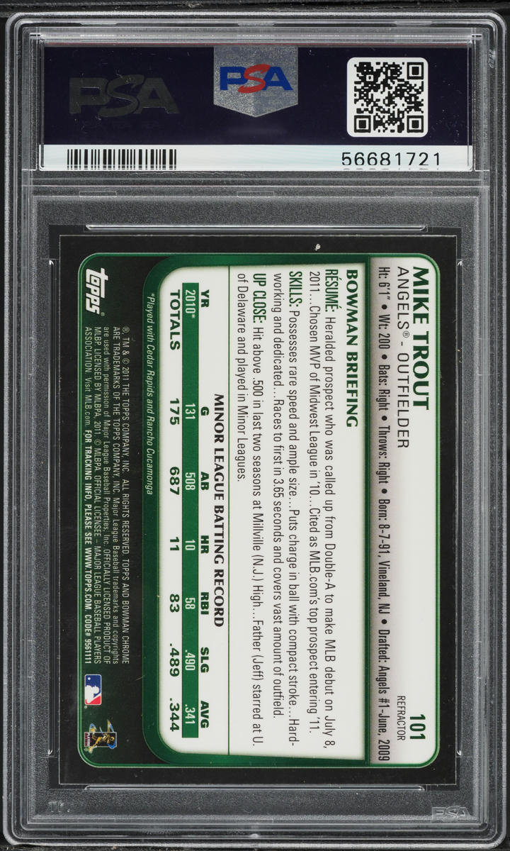 2011 Bowman Chrome Draft Refractor Mike Trout ROOKIE #101 PSA 9 MINT