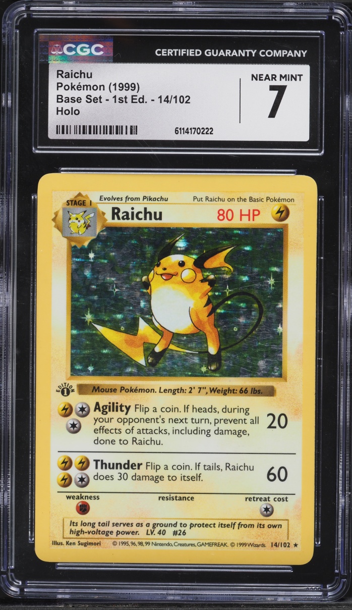 1999 Pokemon Base Set Shadowless 1st Edition Holo Raichu #14 CGC 7 NRMT