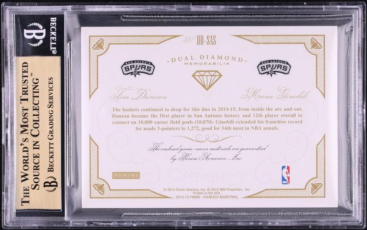 2014 Flawless Dual Diamond Tim Duncan & Manu Ginobili LOGOMAN PATCH 1/1 BGS 9.5