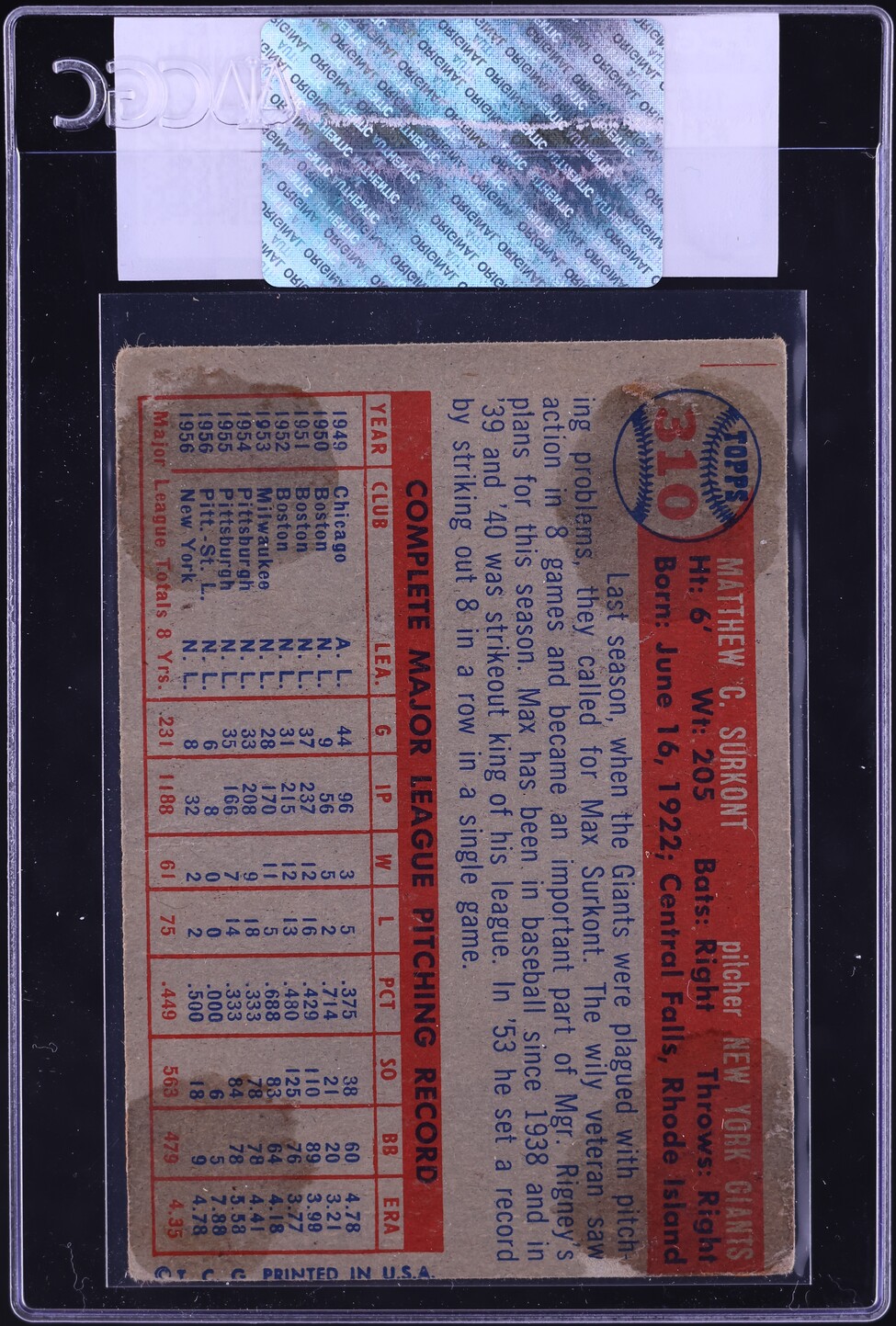 1957 Topps Max Surkont #310 CGC AUTH