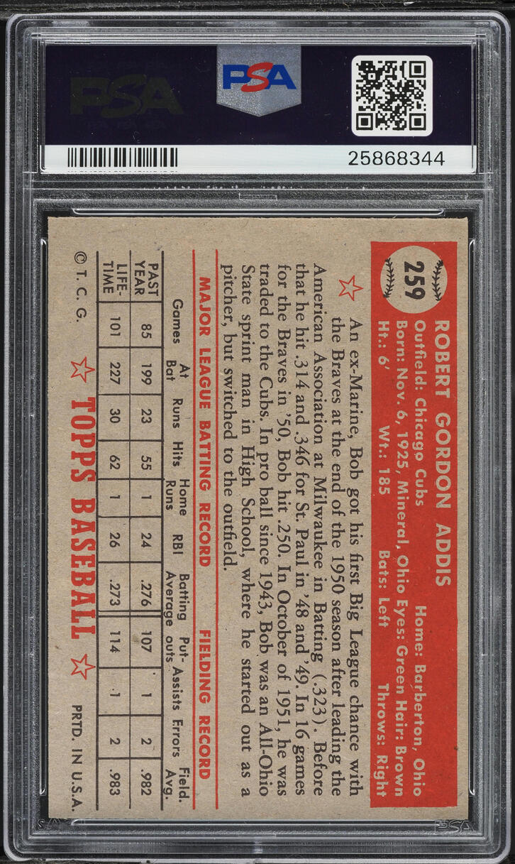 1952 Topps Bob Addis #259 PSA 7 NRMT