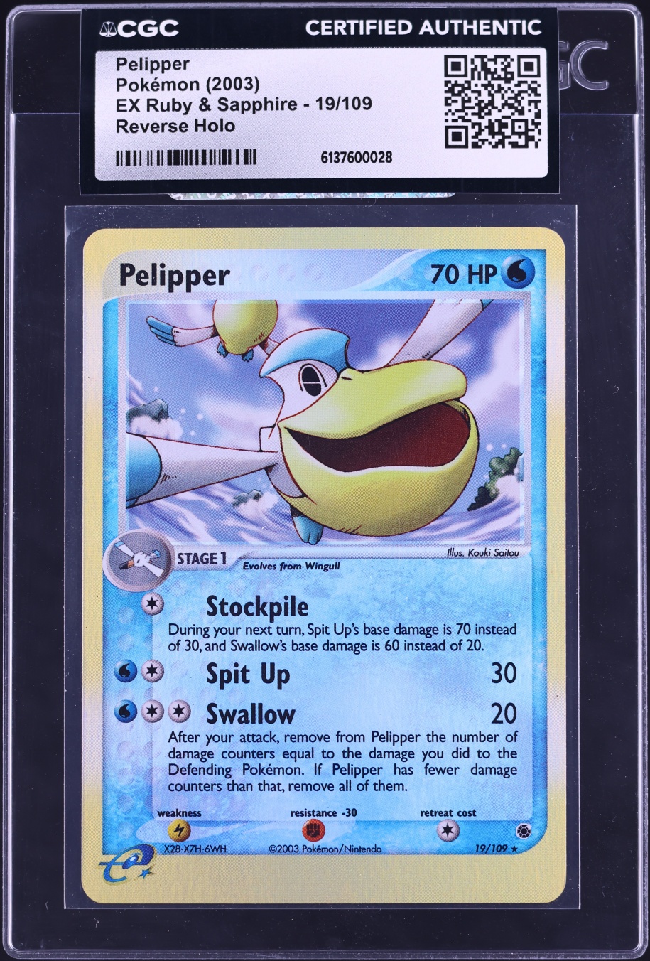 2003 Pokemon EX Ruby & Sapphire Reverse Holo Pelipper #19 CGC AUTH