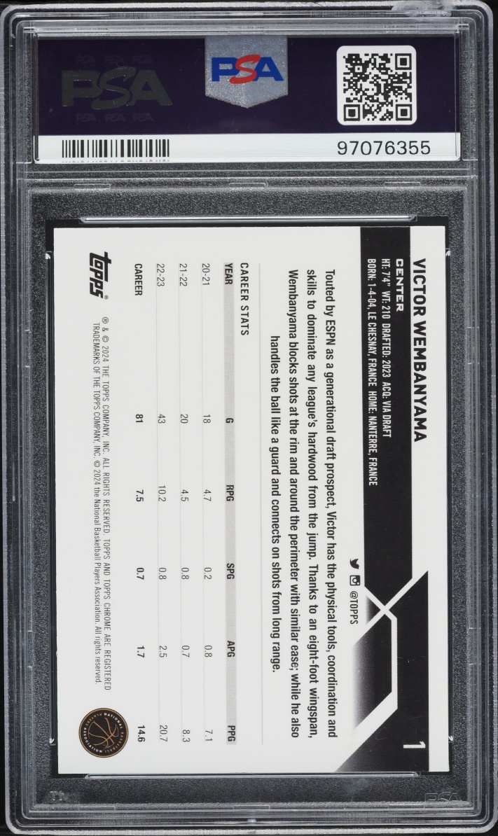 2023 Topps Chrome Purple Refractor Victor Wembanyama ROOKIE /349 #1 PSA 9 MINT