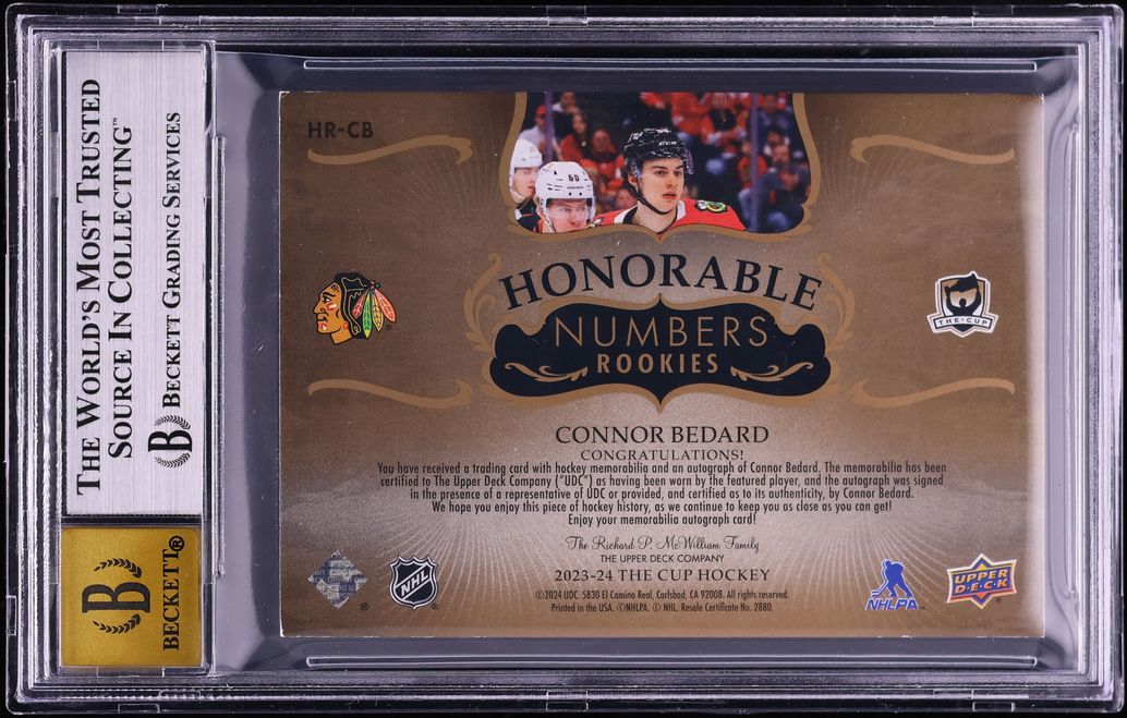 2023 The Cup Honorable Numbers Connor Bedard ROOKIE PATCH AUTO /98 #HRCB BGS 7 NRMT