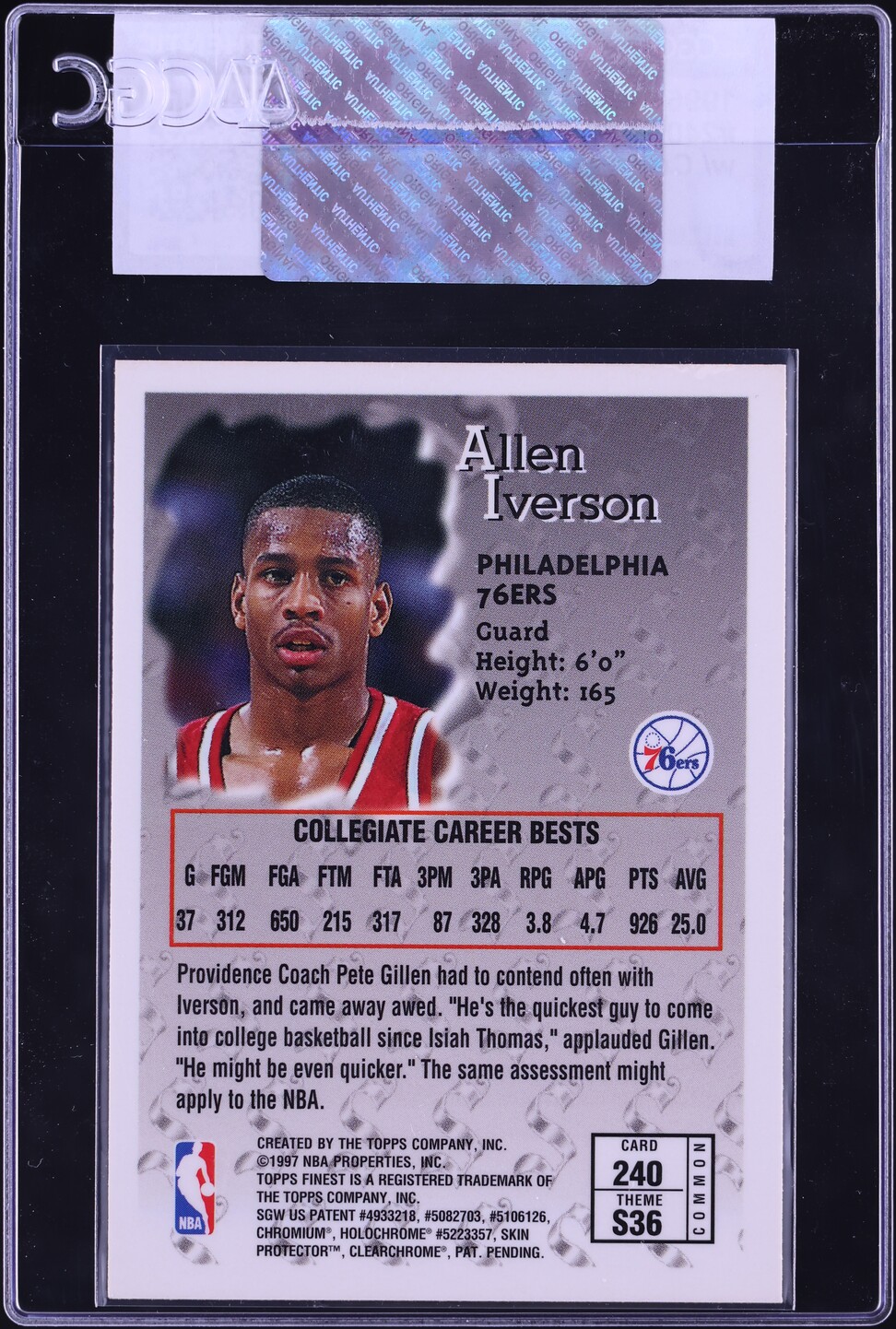 1996 Finest Basketball w/ Coating Allen Iverson ROOKIE #240 CGC AUTH