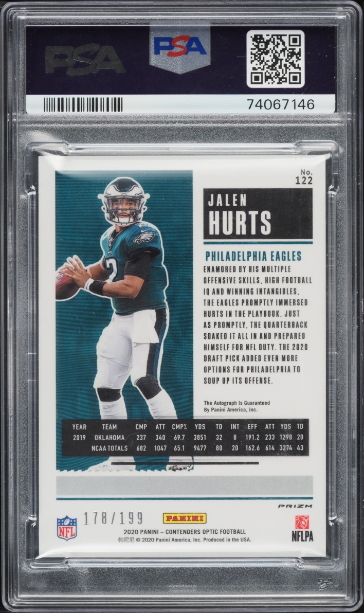 2020 Panini Contenders Optic Red Jalen Hurts ROOKIE AUTO /199 #122 PSA 9 MINT