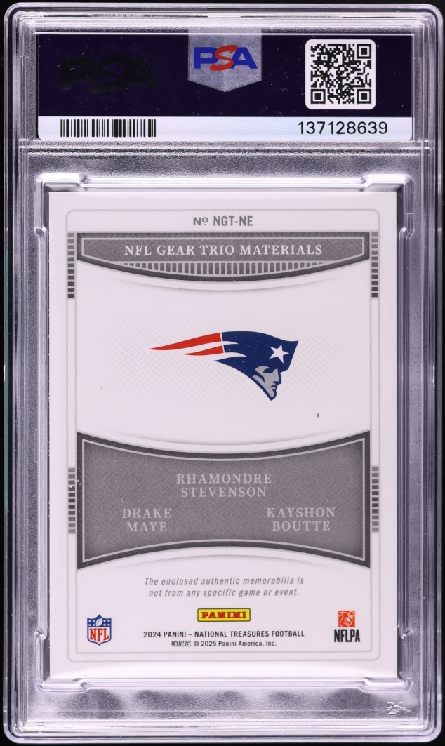 2024 National Treasures NFL Gear Trio Materials Stevenson Boutte Maye RC SHIELD PATCH 1/1 PSA 9