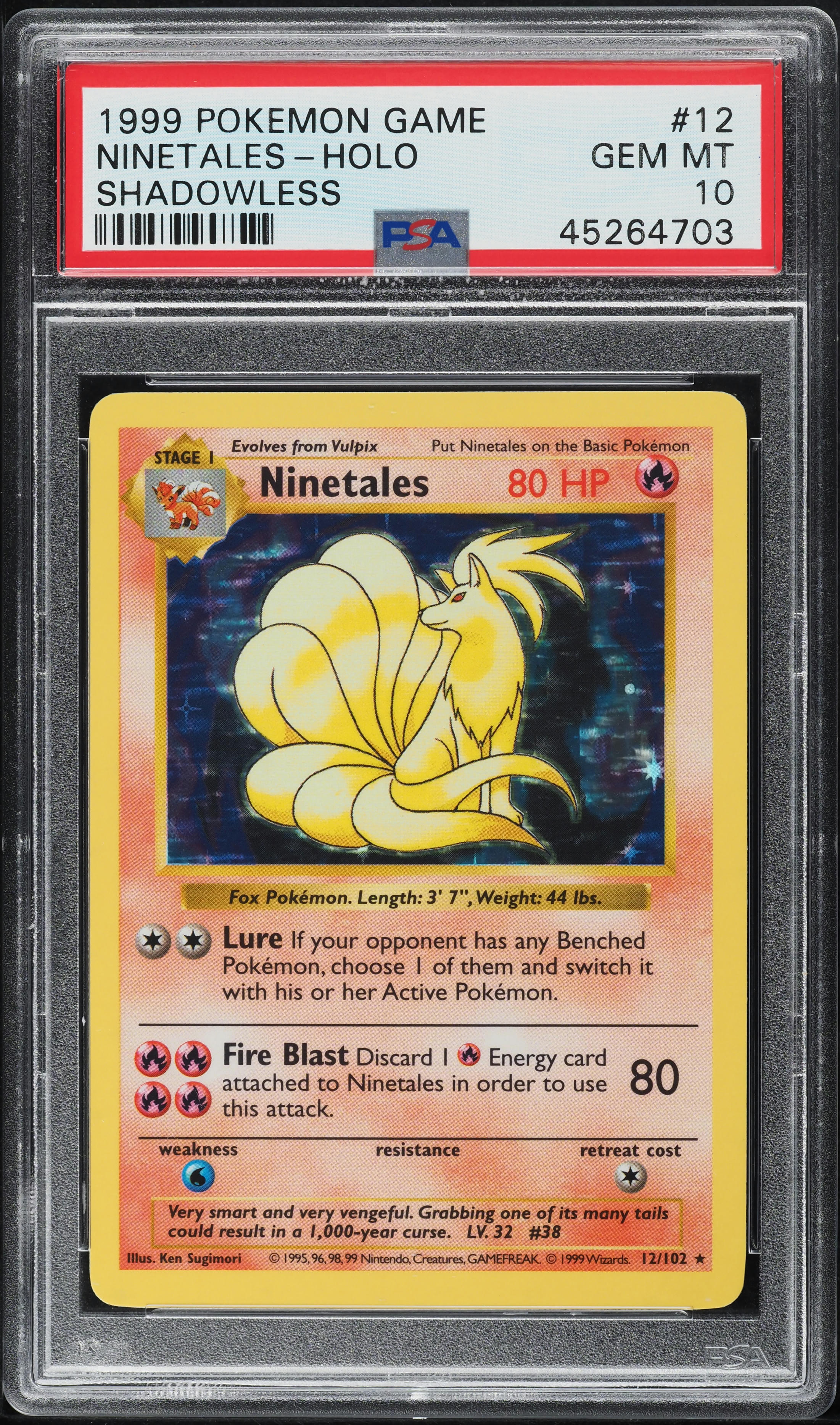1999 Pokemon Base Set Shadowless Holo Ninetales #12 PSA 10 GEM MINT