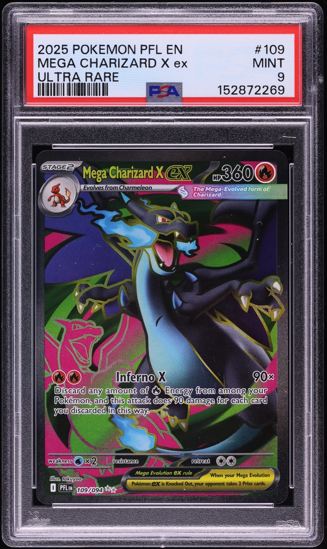 2025 Pokemon Mega Evolution Phantasmal Flames Full Art Mega Charizard X ex #109 PSA 9 MINT