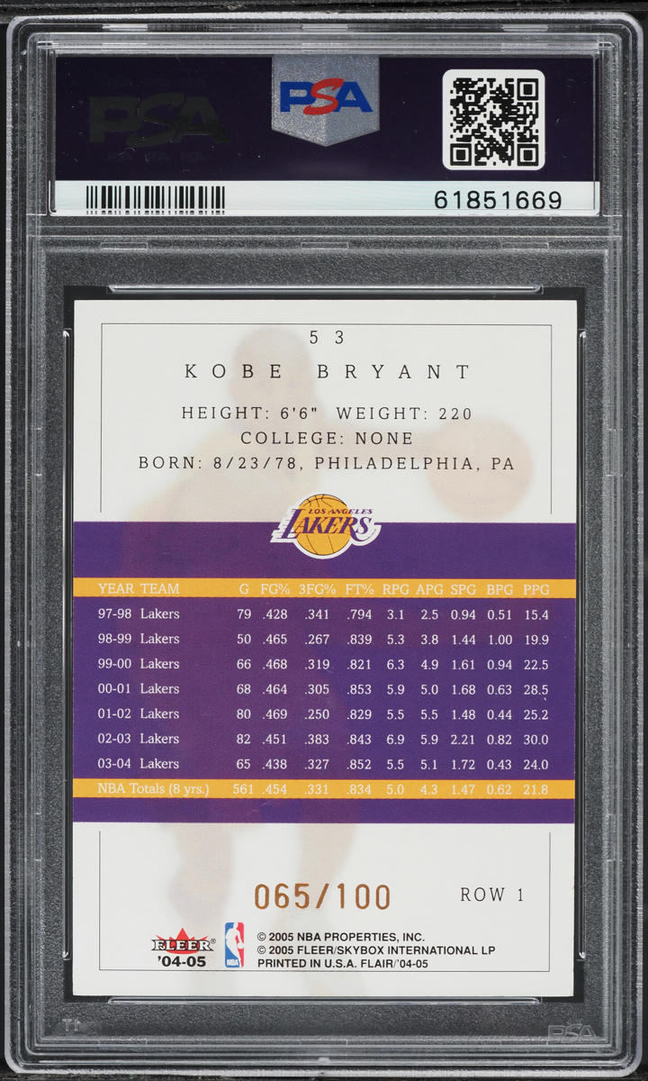 2004 Flair Basketball Row 1 Kobe Bryant /100 #53 PSA 8 NM-MT