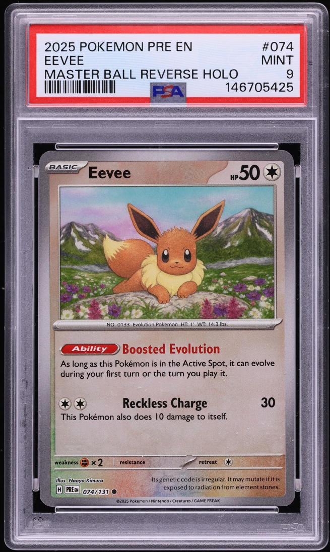 2025 Pokemon SV Prismatic Evolutions Master Ball Reverse Holo Eevee #74 PSA 9 MINT