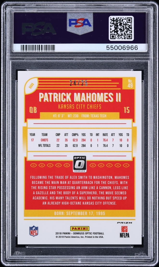 2018 Donruss Optic Purple Stars Patrick Mahomes II /25 #49 PSA 10 GEM MINT - Photo 2