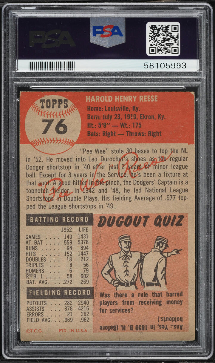1953 Topps Pee Wee Reese #76 PSA 3 VG