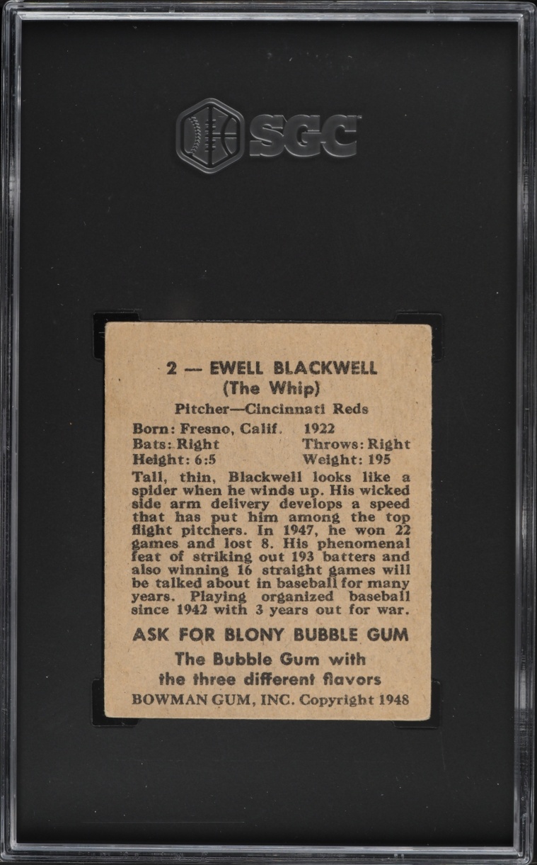 1948 Bowman Ewell Blackwell ROOKIE #2 SGC 2 GD