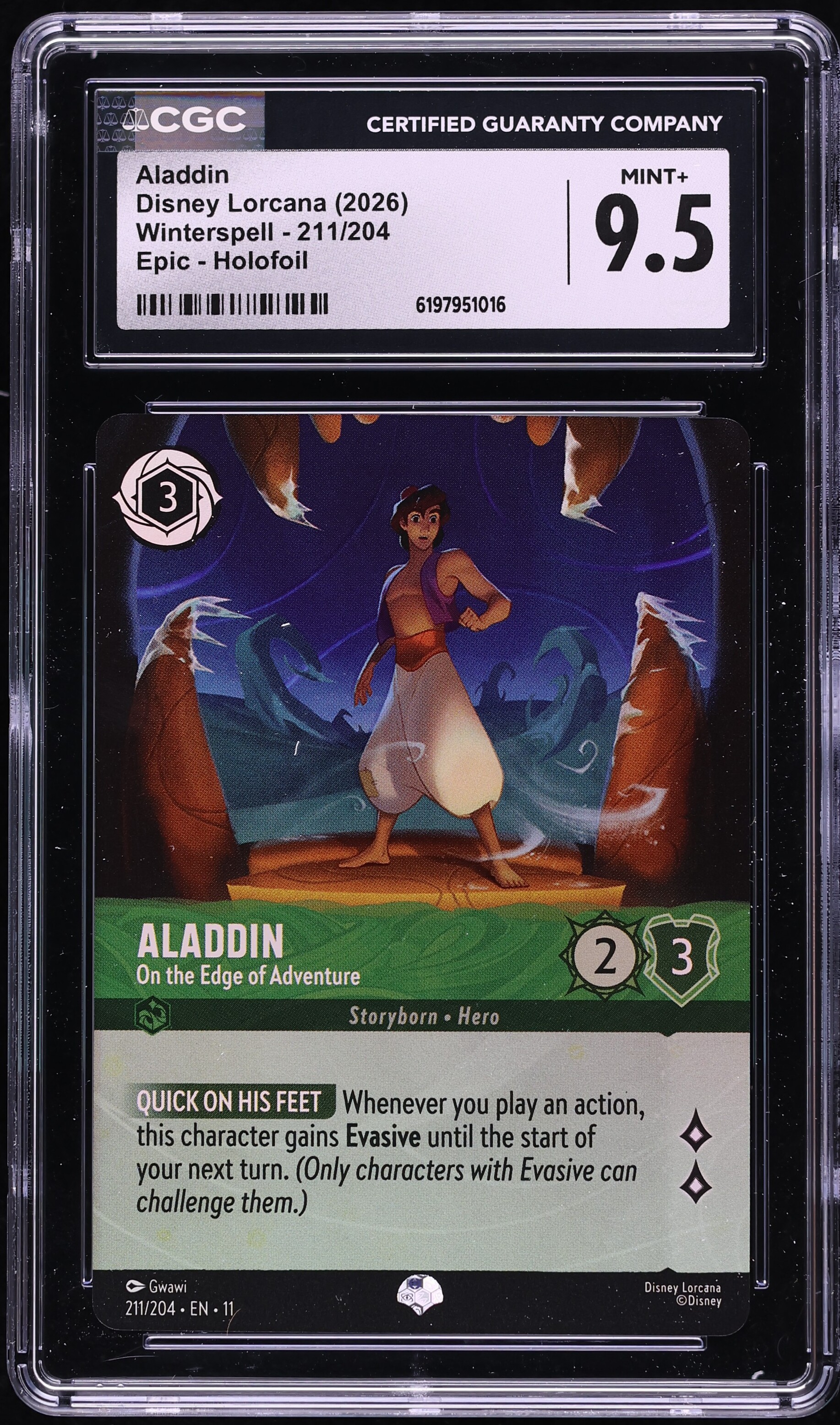 2026 Disney Lorcana Winterspell Holofoil Aladdin On The Edge Of Adventure #211 CGC 9.5 MINT+