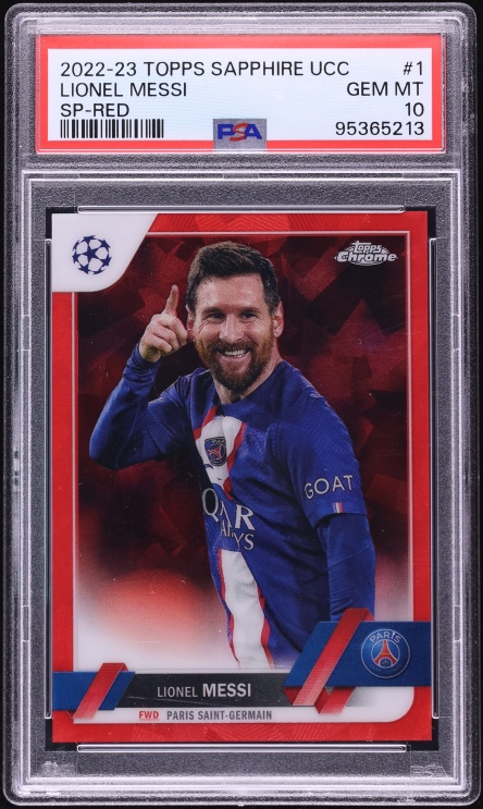 2022 Topps Chrome Sapphire UEFA Club Competitions SP Red Lionel Messi /5 #1 PSA 10 GEM MINT