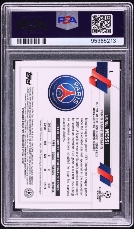 2022 Topps Chrome Sapphire UEFA Club Competitions SP Red Lionel Messi /5 #1 PSA 10 GEM MINT