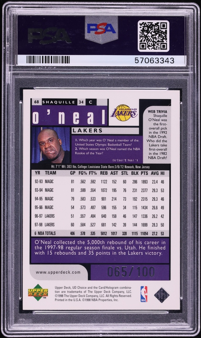 1998 UD Choice Prime Reserve Shaquille O'Neal /100 #68 PSA 8 NM-MT - Photo 2