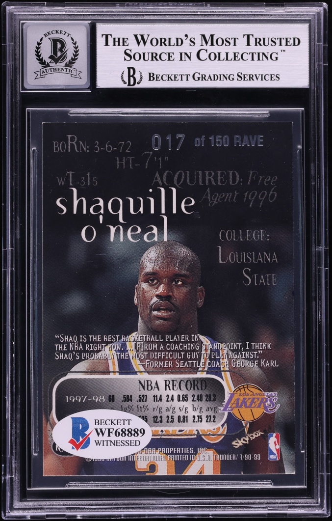 1998 Skybox Thunder Rave Shaquille O'Neal AUTO /150 #118 BGS AUTH - Photo 2