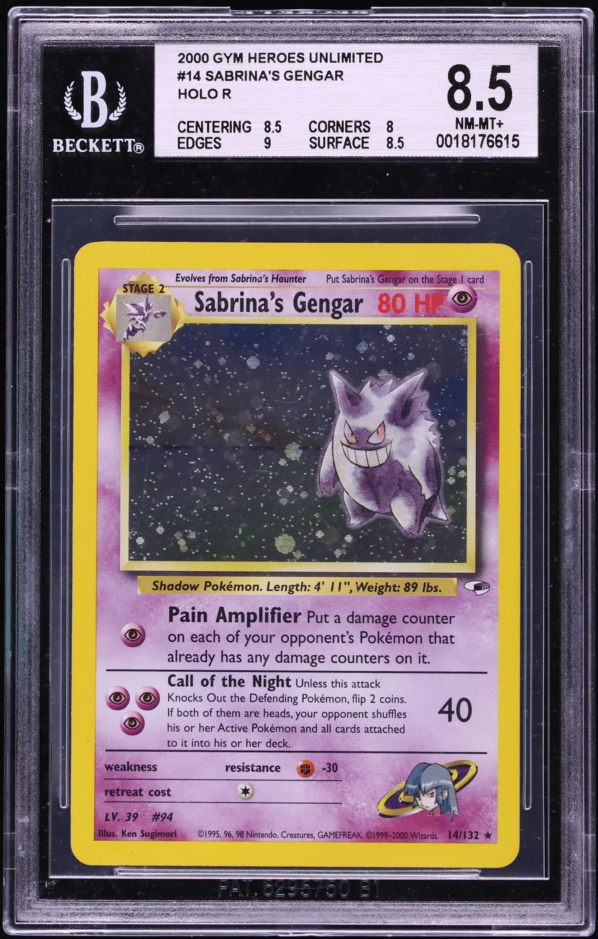 2000 Pokemon Gym Heroes Holo Sabrina's Gengar #14 BGS 8.5 NM-MT+