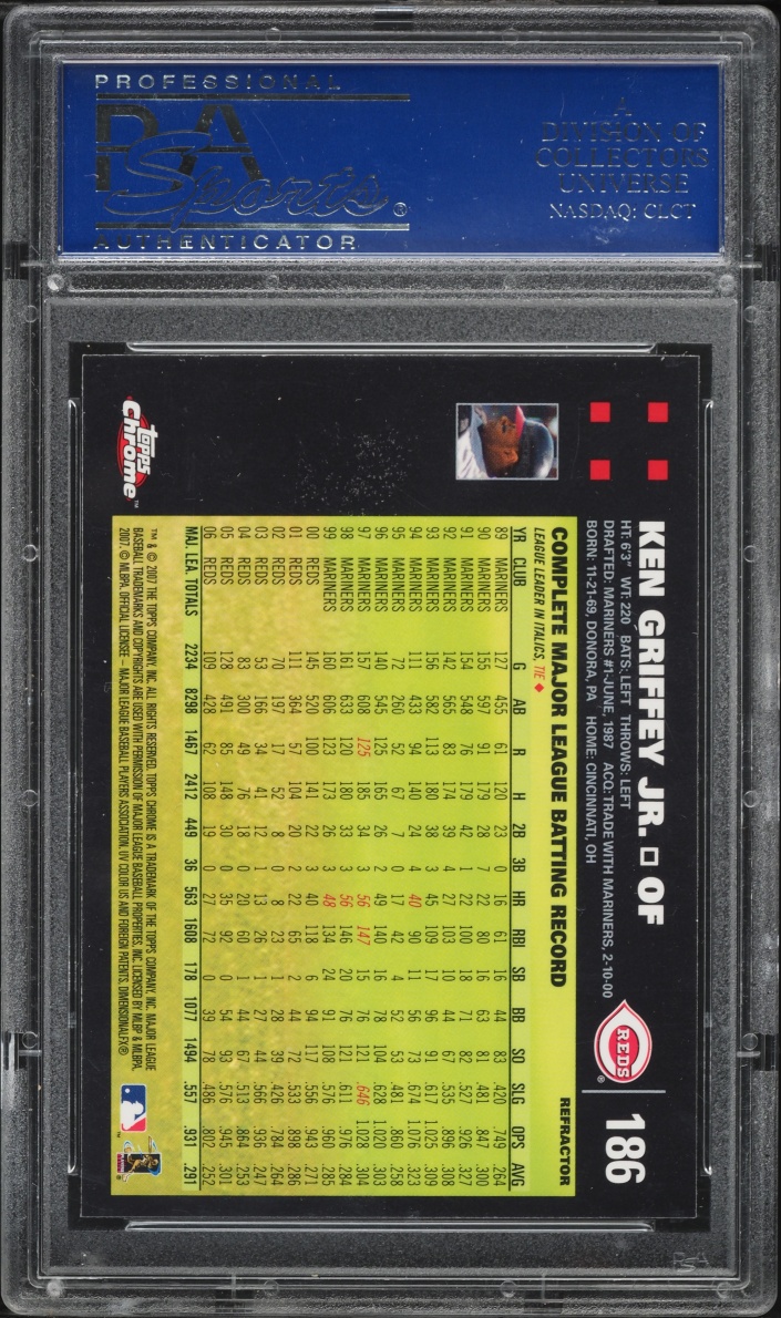 2007 Topps Chrome Blue Refractor Ken Griffey Jr. #186 PSA 10 GEM MINT