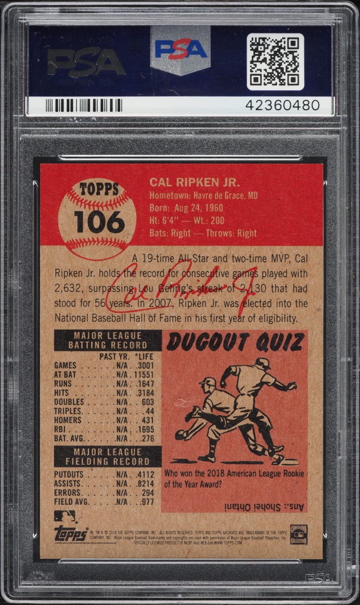 2018 Topps Living Cal Ripken Jr. #106 PSA 10 GEM MINT