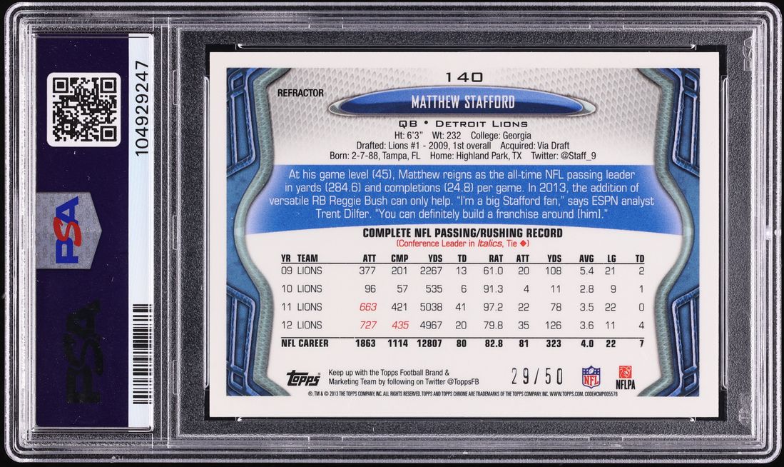 2013 Topps Chrome Gold Refractor Matthew Stafford /50 #140 PSA 9 MINT - Photo 2