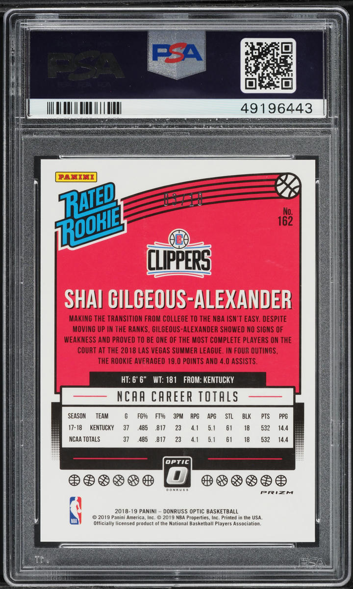 2018 Donruss Optic Gold Shai Gilgeous-Alexander ROOKIE /10 #162 PSA 10 GEM MINT
