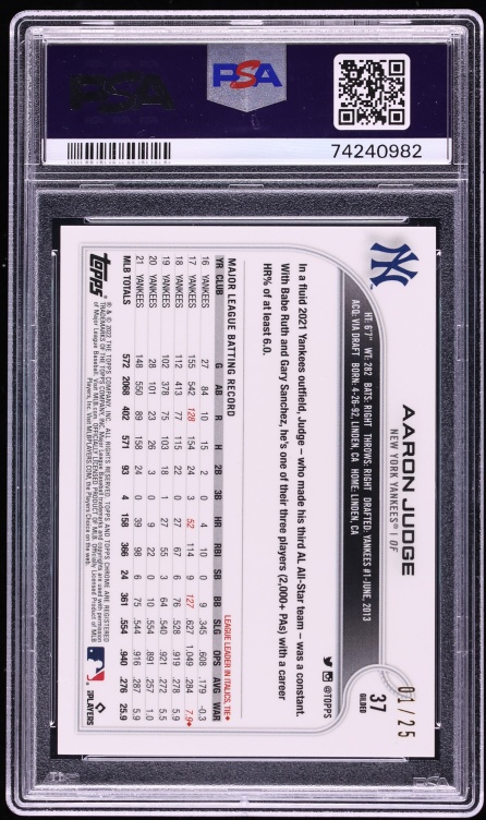 2022 Topps Chrome Gilded Collection Raywave Gold Etch Aaron Judge 1/25 #37 PSA 10 GEM MINT
