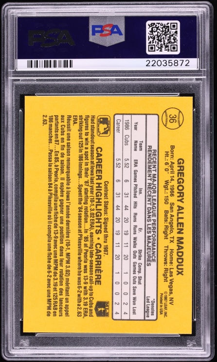 1987 Leaf Greg Maddux ROOKIE #36 PSA 10 GEM MINT
