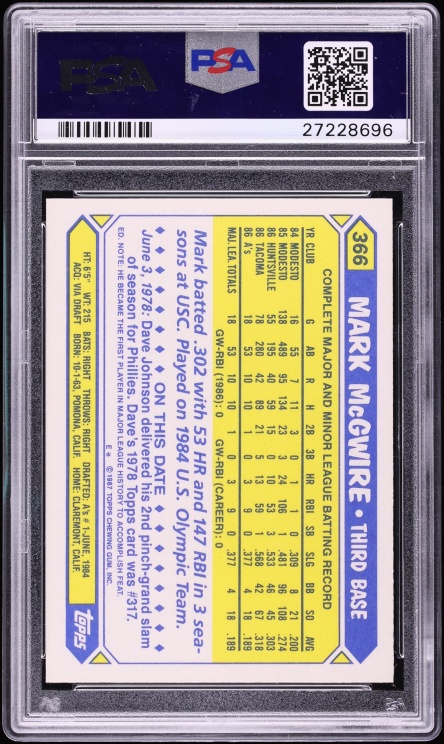 1987 Topps Tiffany Mark McGwire ROOKIE #366 PSA 10 GEM MINT