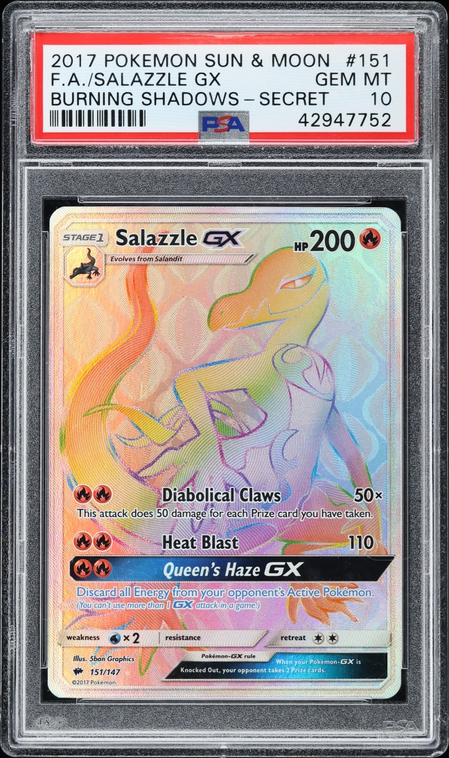 2017 Pokemon Sun & Moon Burning Shadows Rainbow Rare Salazzle GX #151 PSA 10 GEM MINT