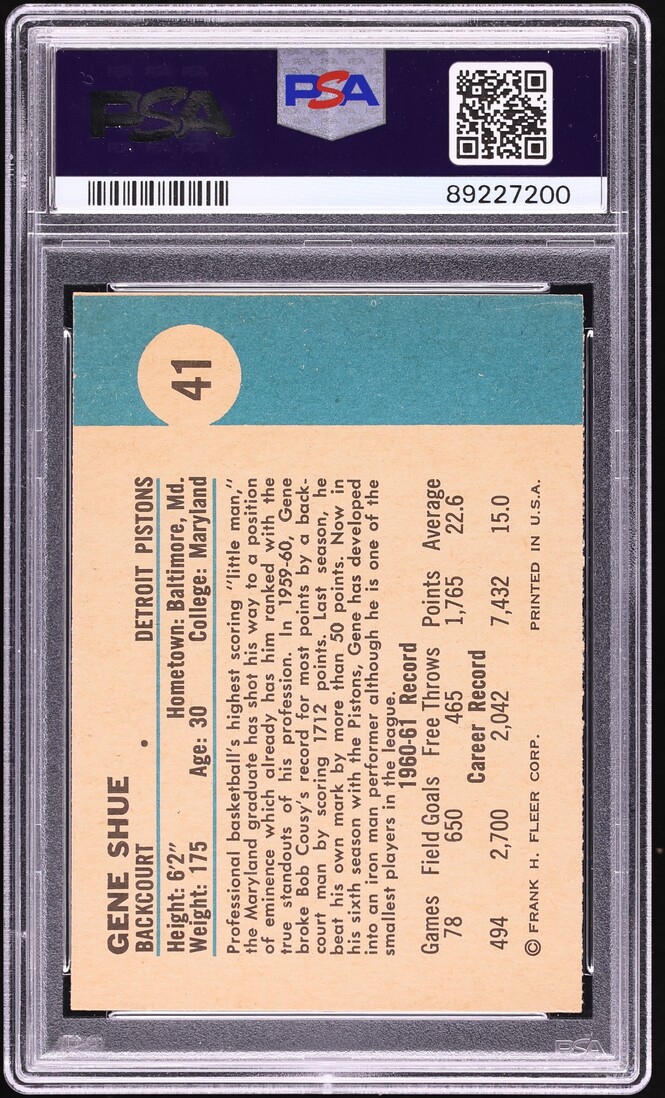 1961 Fleer Basketball Gene Shue #41 PSA 4 VGEX