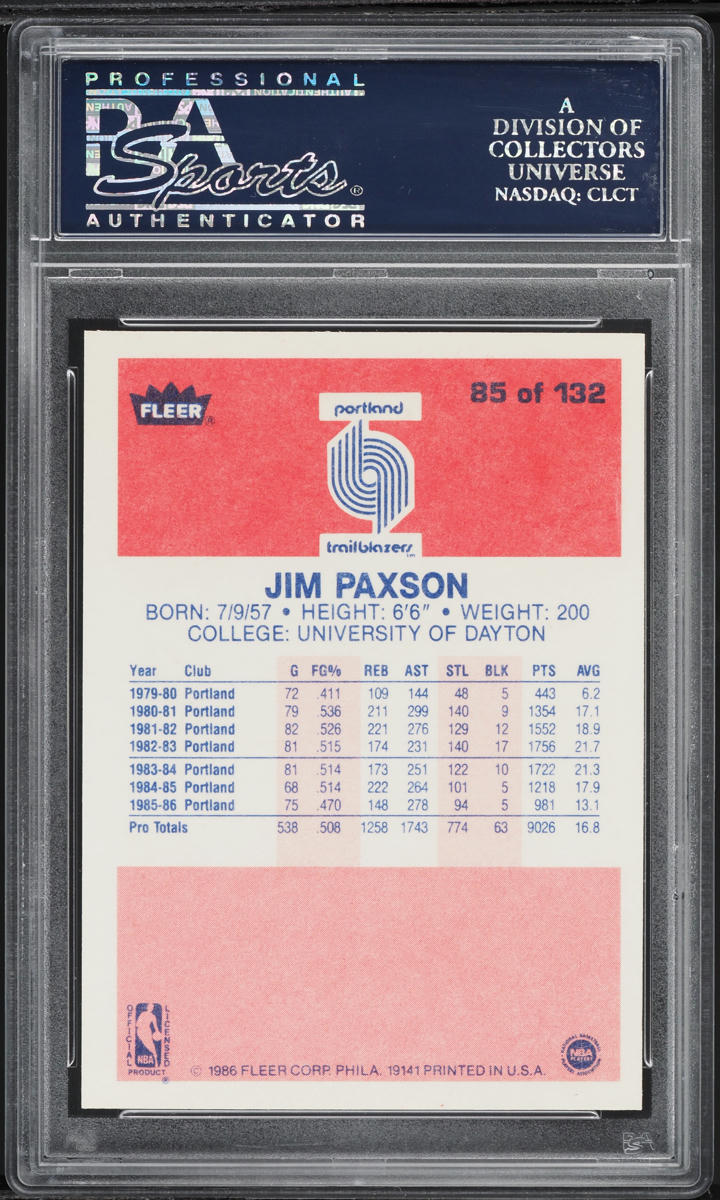 1986 Fleer Basketball Jim Paxson #85 PSA 10 GEM MINT