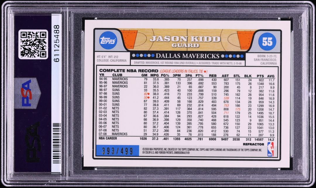 2008 Topps Chrome Orange Refractor Jason Kidd /499 #55 PSA 10 GEM MINT