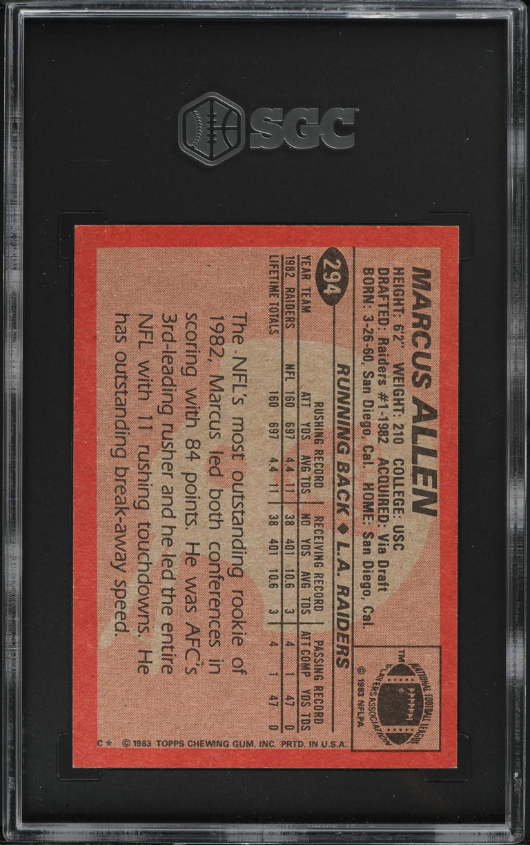 1983 Topps Football Marcus Allen ROOKIE #294 SGC 6 EXMT