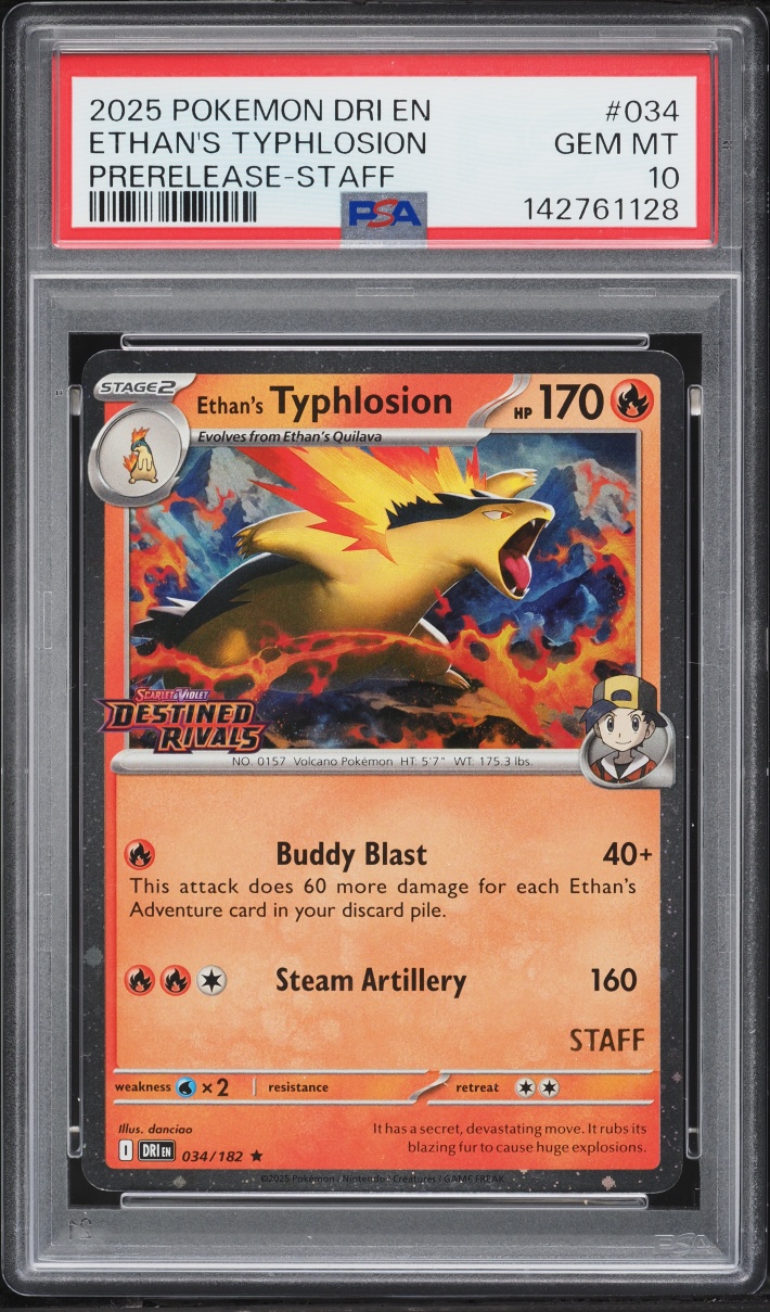 2025 Pokemon SV Destined Rivals Prerelease Staff Holo Ethan's Typhlosion #34 PSA 10 GEM MINT