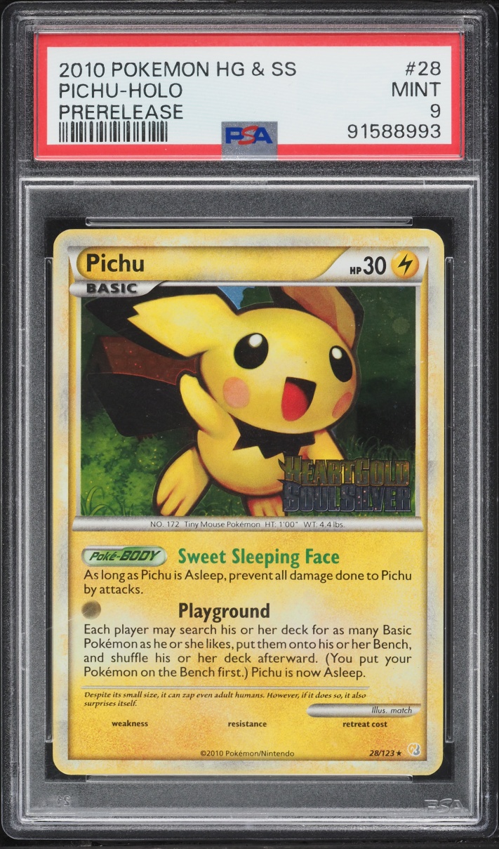 2010 Pokemon HeartGold & SoulSilver Prerelease Holo Pichu #28 PSA 9 MINT