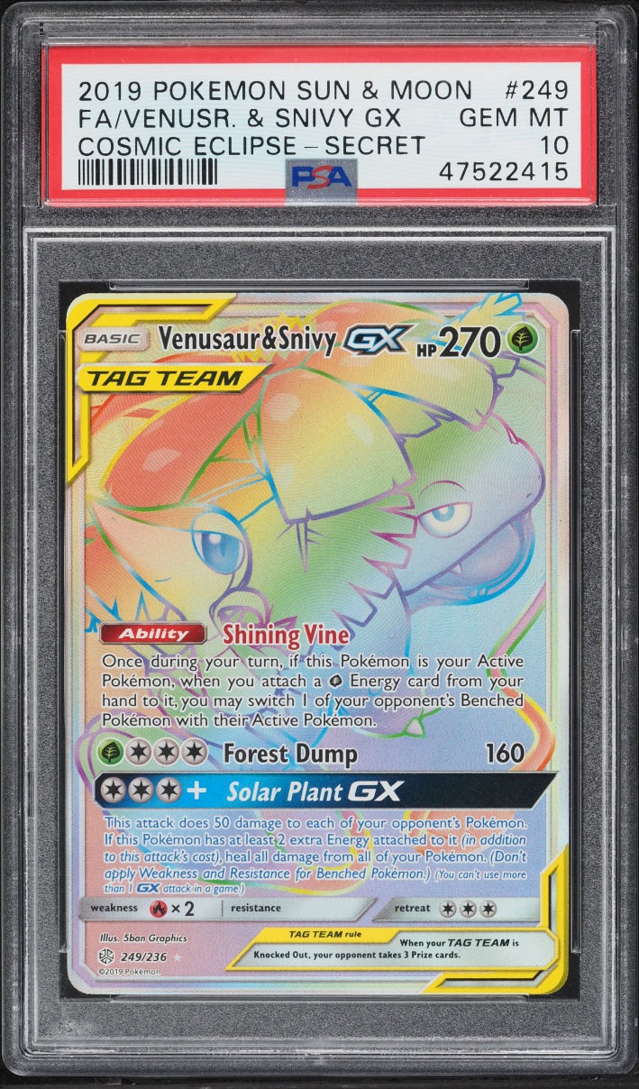 2019 Pokemon Sun & Moon Cosmic Eclipse Rainbow Rare Venusaur & Snivy GX #249 PSA 10 GEM MINT