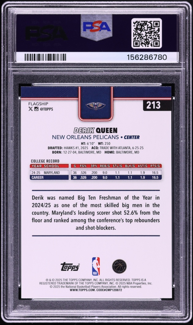 2025 Topps Basketball Derik Queen ROOKIE #213 PSA 10 GEM MINT