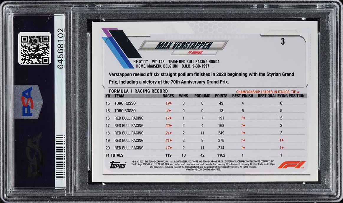 2021 Topps Chrome Formula 1 F1 Max Verstappen SP #3 PSA 9 MINT